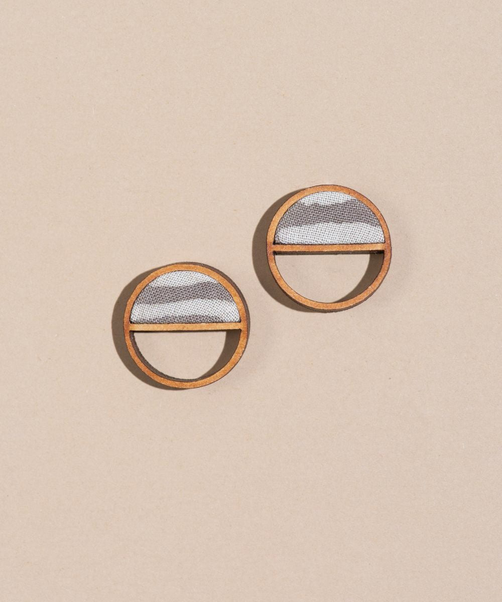 Grey line repurposed fabric wood semi circle stud earrings
