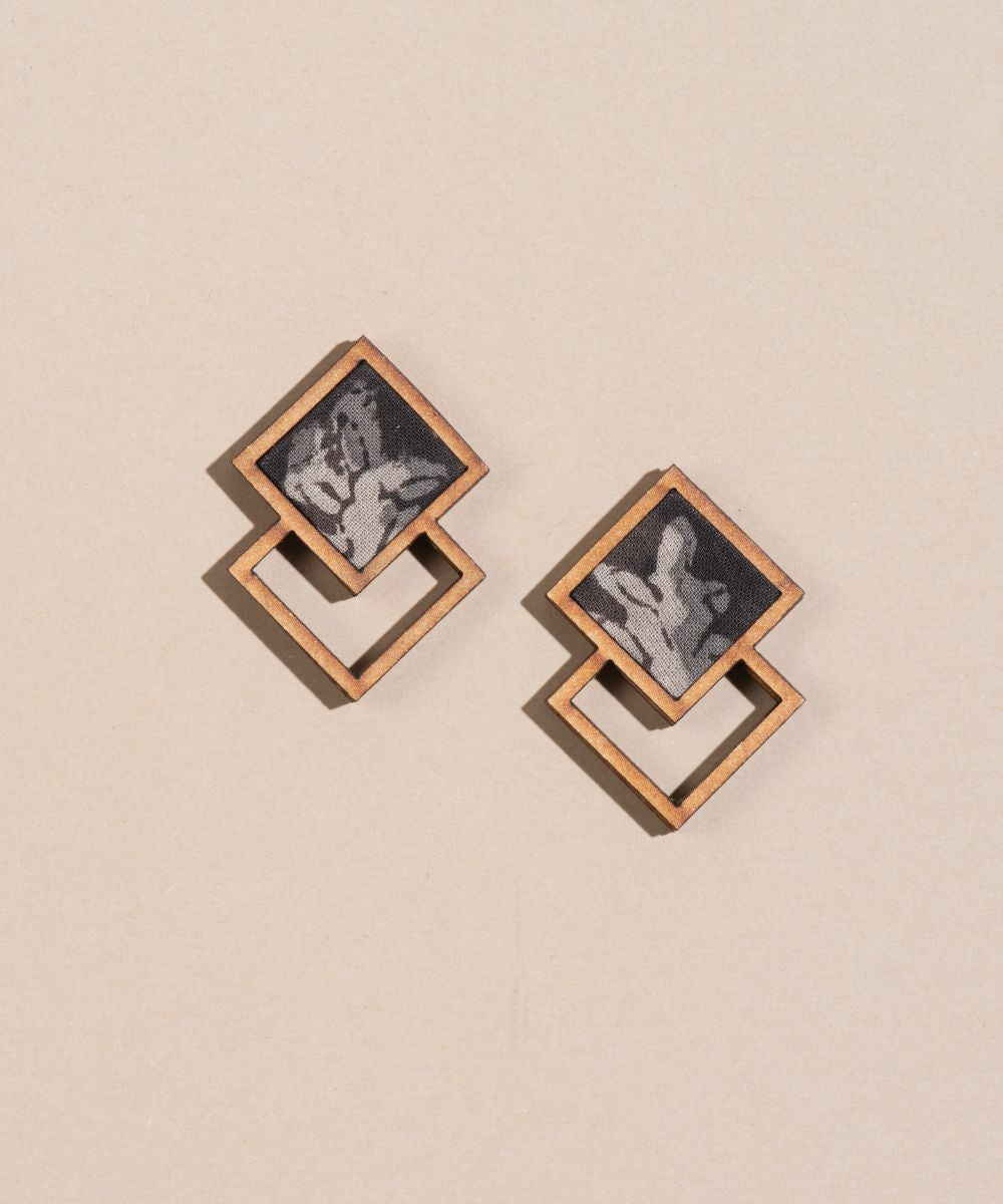 Black beige kalamkari repurposed fabric wood square stud earrings