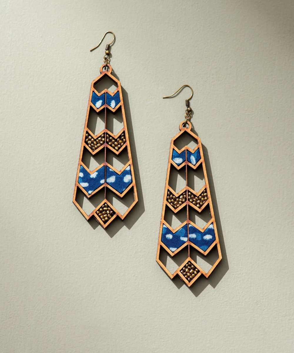 Blue wave pattern upcycled fabric repurposed wood earrings