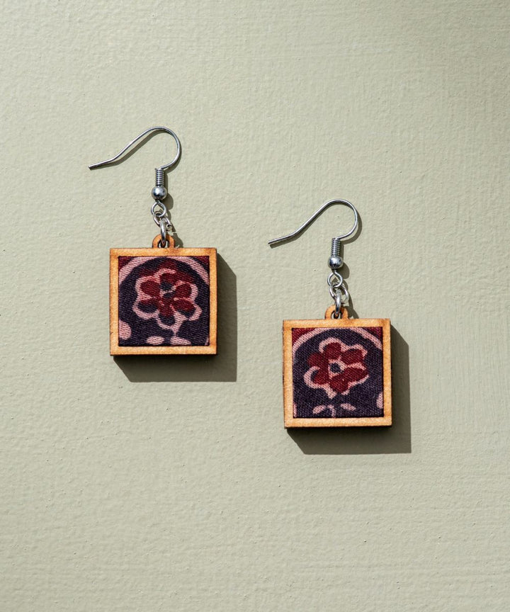 Black upcycled ajrakh fabric repurposed wood earrings