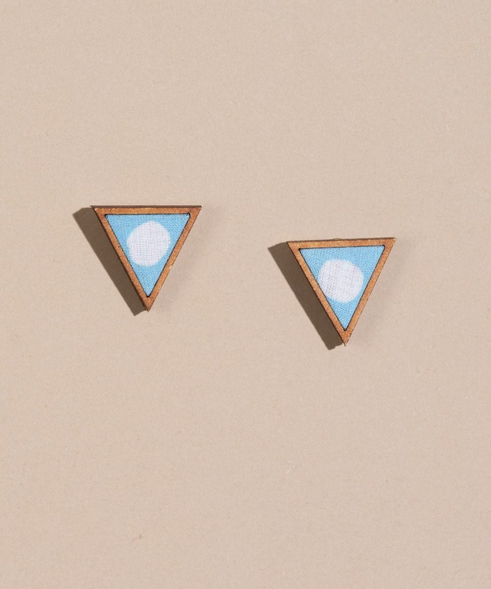 Blue two look in one upcycled fabric repurposed wood triangle earring