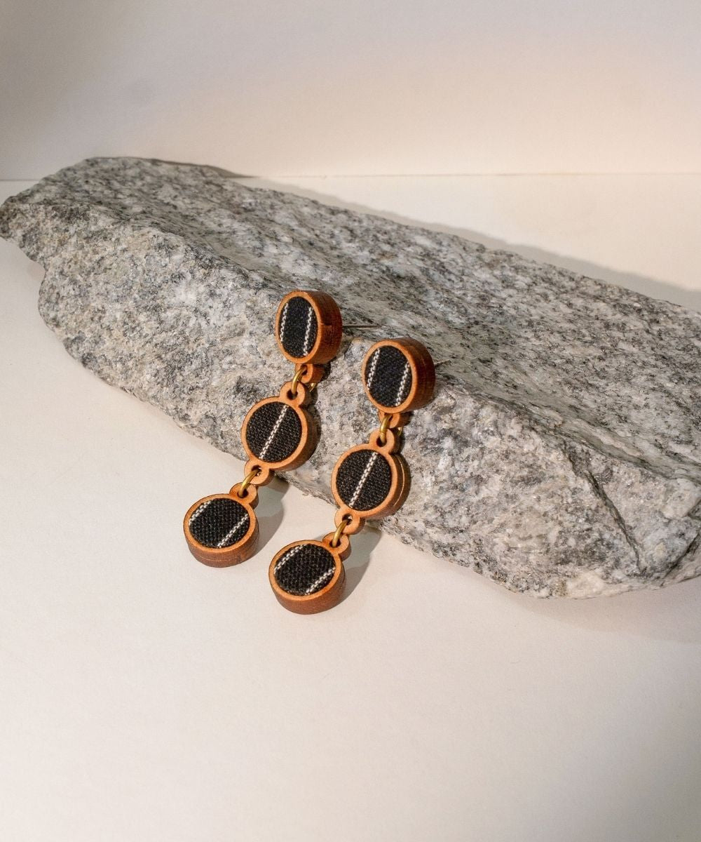 Black repurposed fabric and wood connecting round earrings