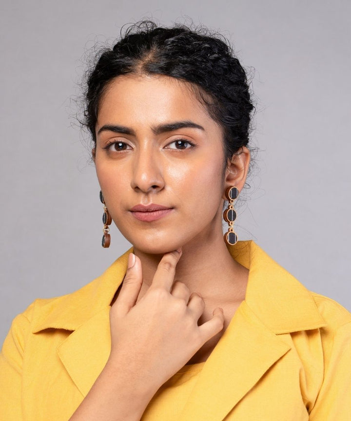 Black repurposed fabric and wood connecting round earrings