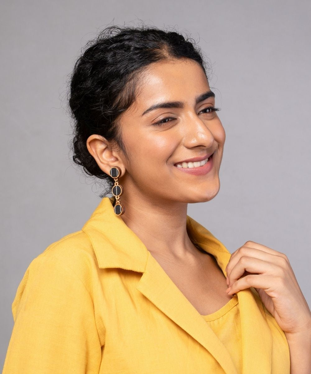 Black repurposed fabric and wood connecting round earrings