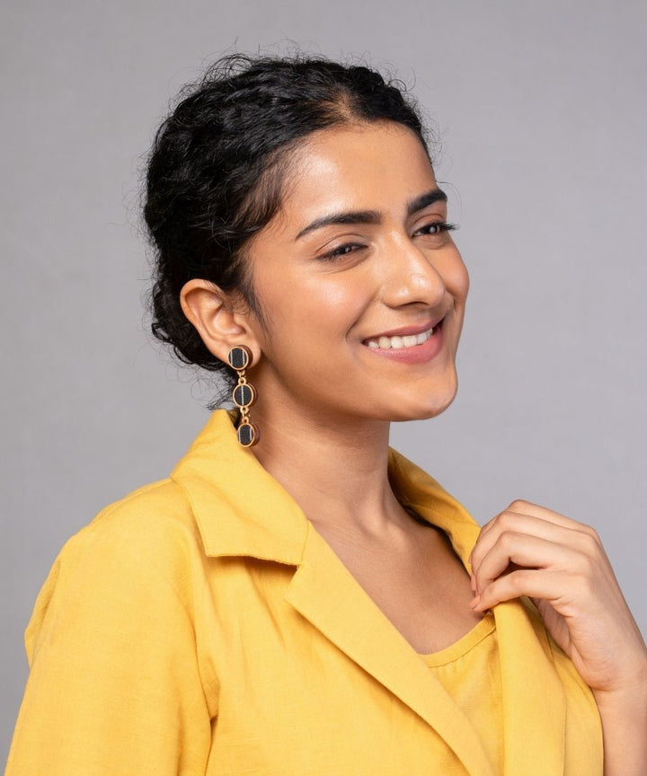 Black repurposed fabric and wood connecting round earrings
