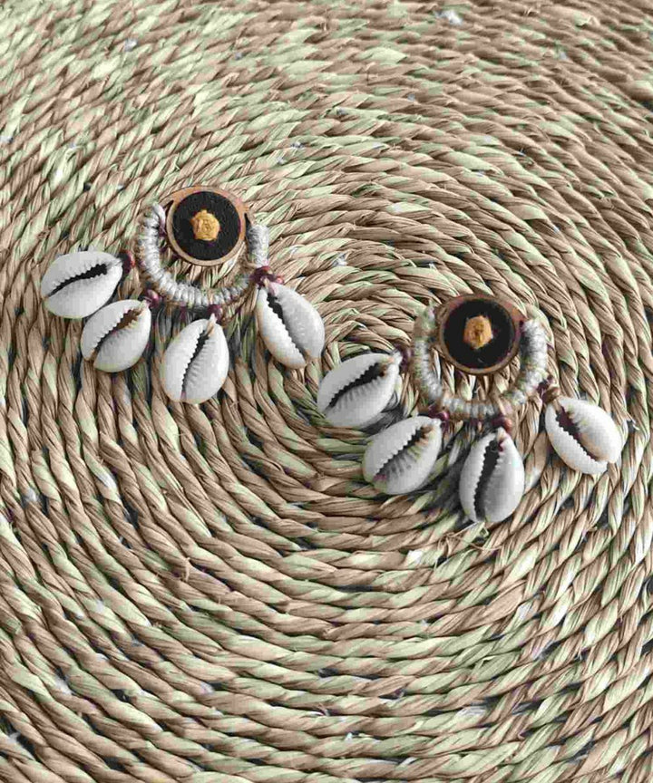 Mustard hand embroidery minimal cowry jute earring