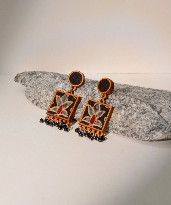 Black ajrakh hand block printed repurposed fabric and wood earrings