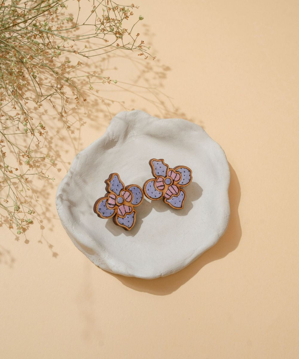 Purple bloom handmade repurposed fabric wood flower studs