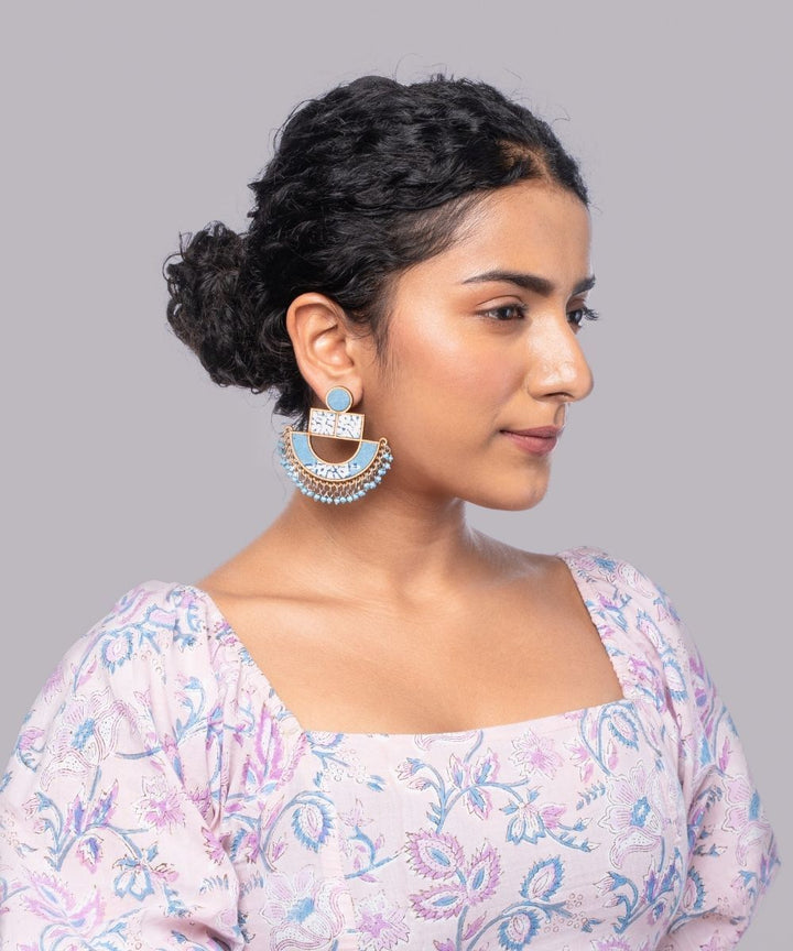 Blue white handmade repurposed fabric wood statement earrings