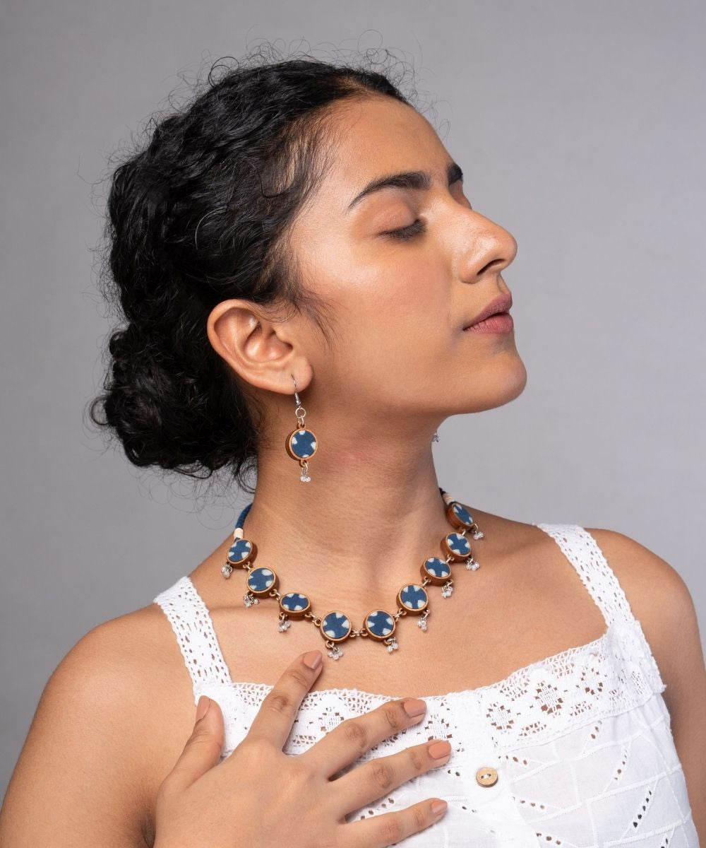 Indigo blue handmade fabric repurposed wood danglers
