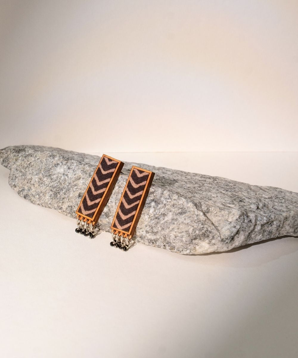 Black ajrakh repurposed fabric and wood studs with beads
