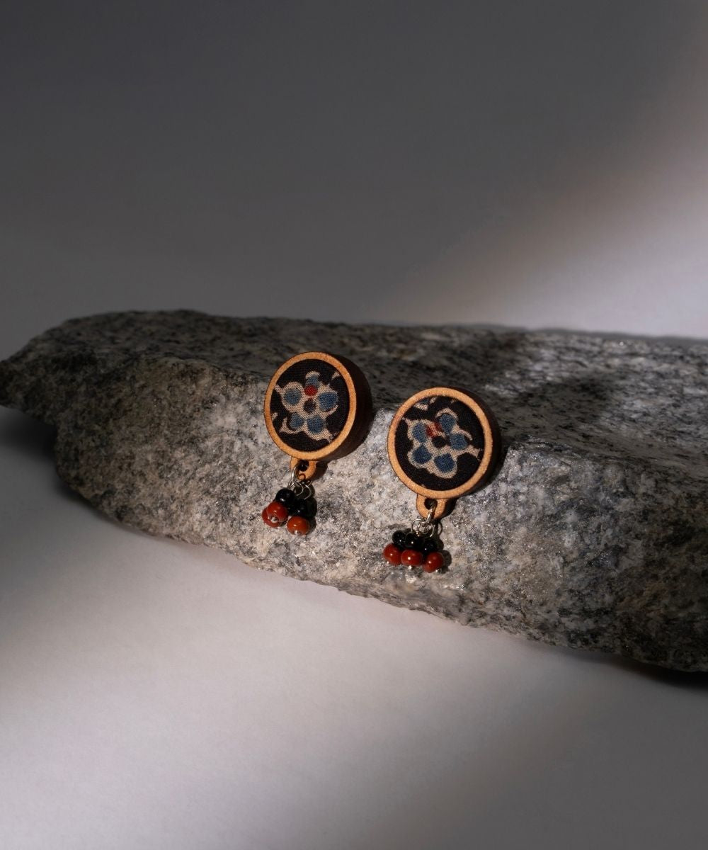 Multicolour ajrakh repurposed fabric and wood stud earrings