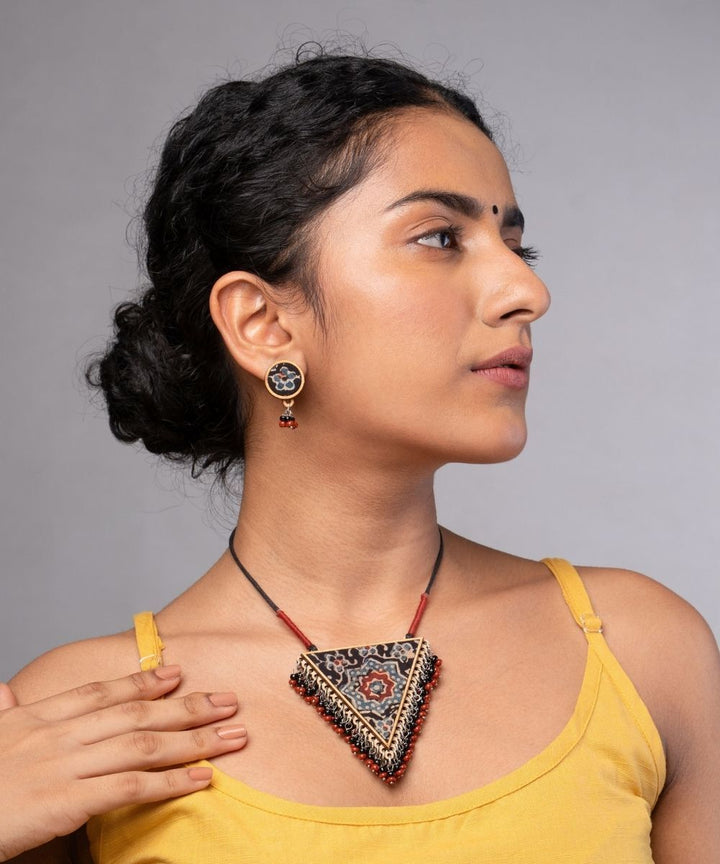 Multicolour ajrakh repurposed fabric and wood stud earrings