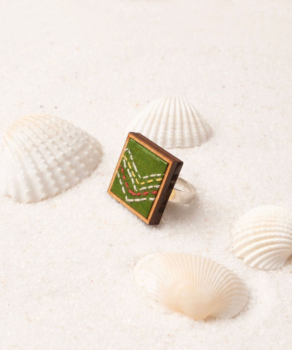 Green kantha repurposed silk fabric and wood ring