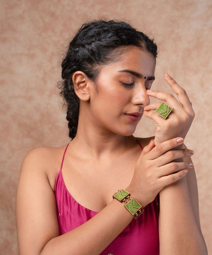 Green kantha repurposed silk fabric and wood ring