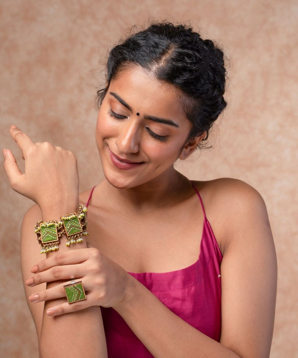 Green kantha repurposed silk fabric and wood ring