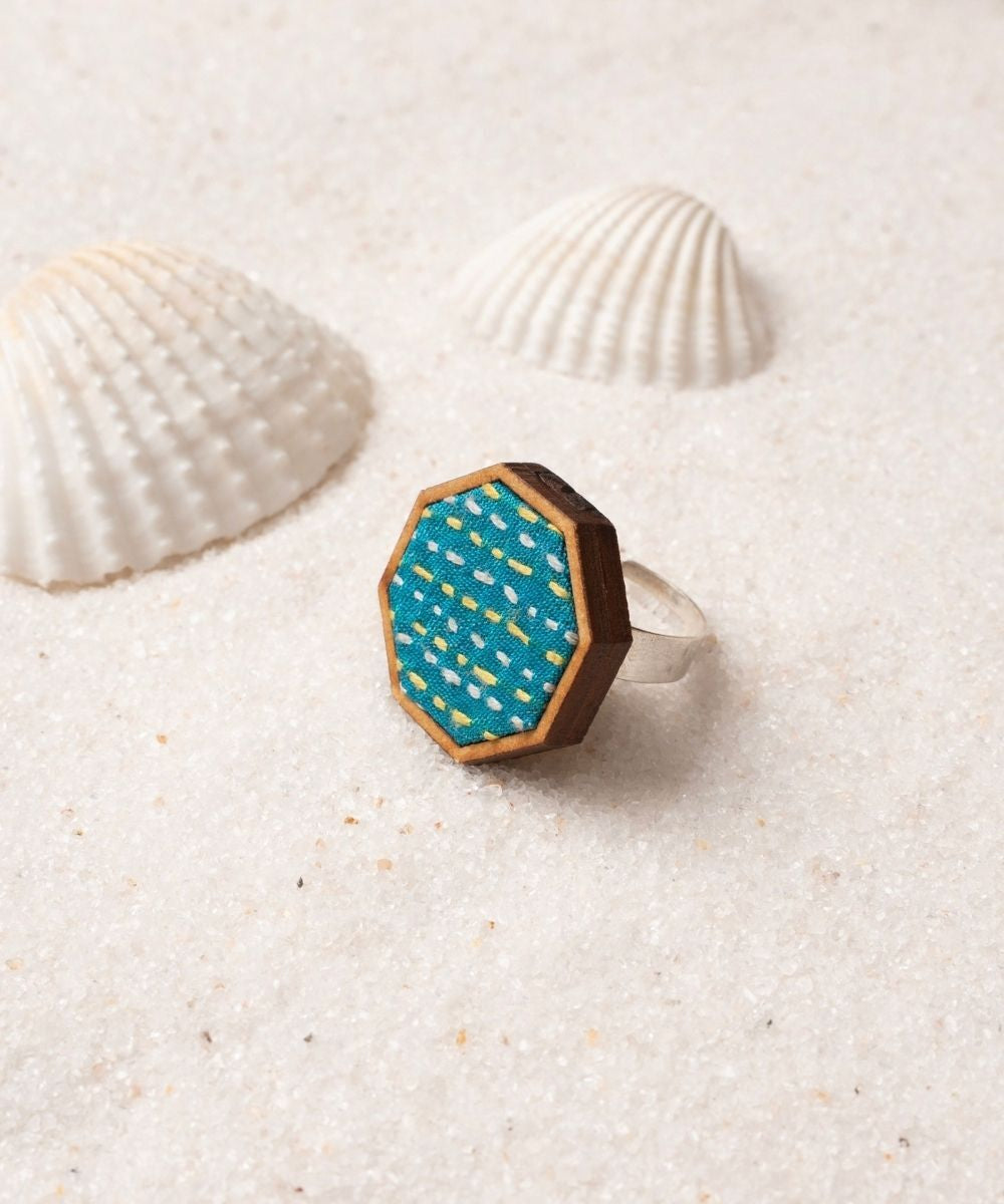 Turquoise kantha repurposed silk fabric and wood ring