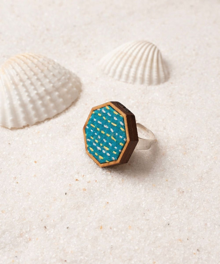 Turquoise kantha repurposed silk fabric and wood ring