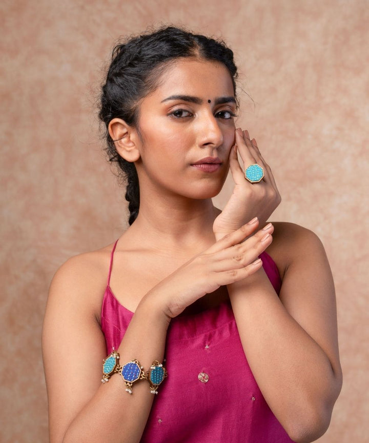 Turquoise kantha repurposed silk fabric and wood ring
