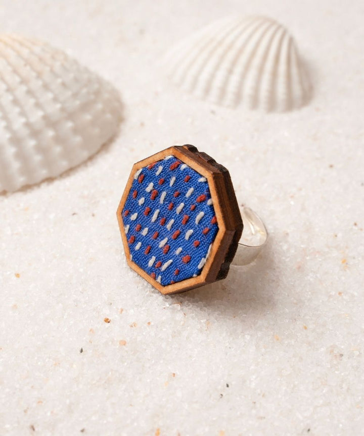Blue kantha repurposed silk fabric and wood ring