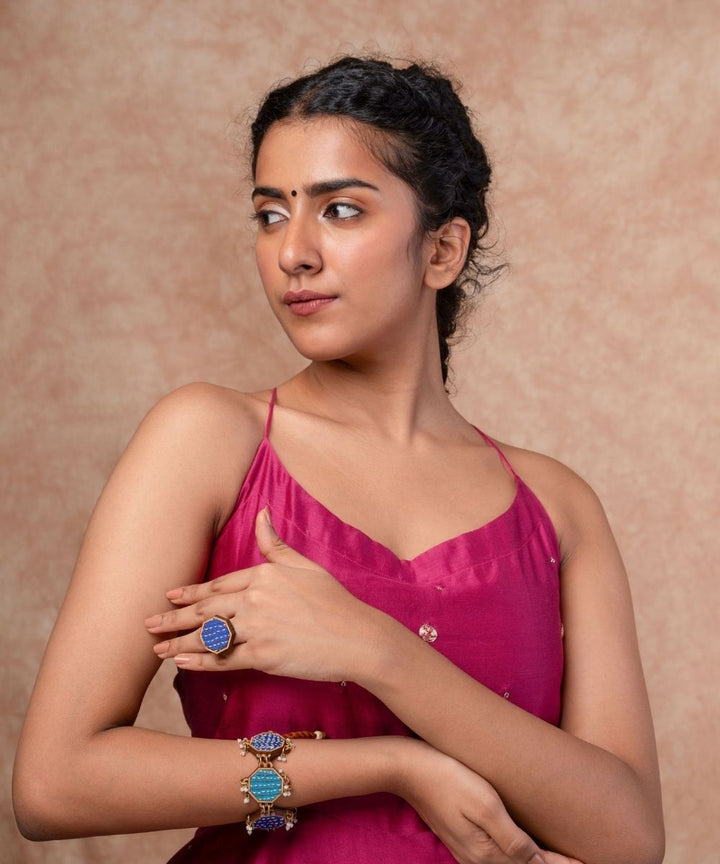 Blue kantha repurposed silk fabric and wood ring