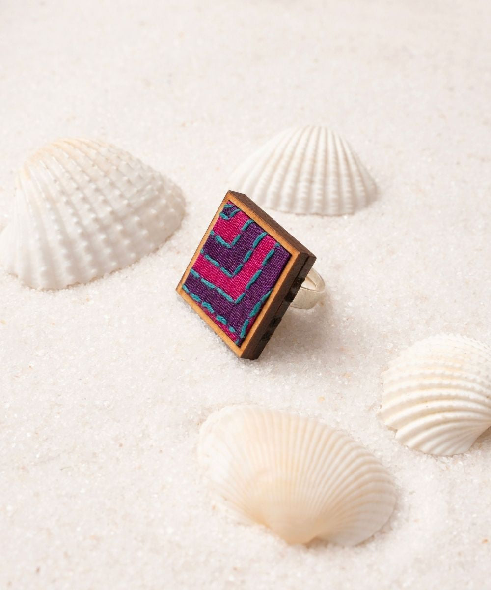 Pink purple kantha repurposed silk fabric and wood ring