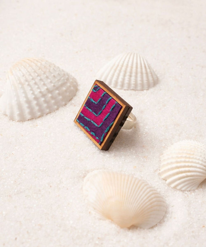 Pink purple kantha repurposed silk fabric and wood ring