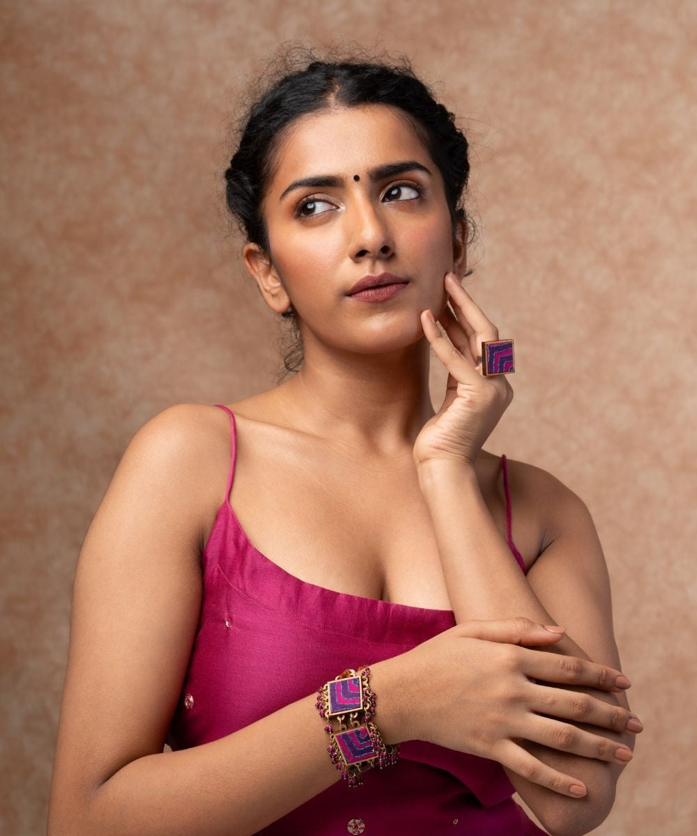Pink purple kantha repurposed silk fabric and wood ring