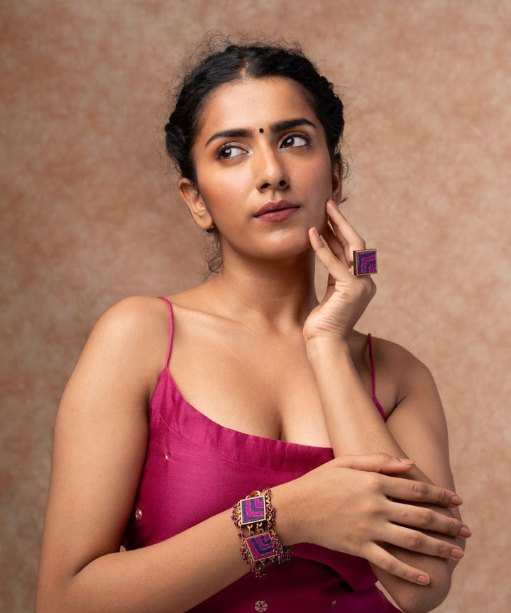Pink purple kantha repurposed silk fabric and wood ring