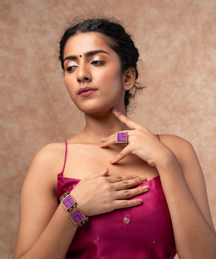 Pink purple kantha repurposed silk fabric and wood ring