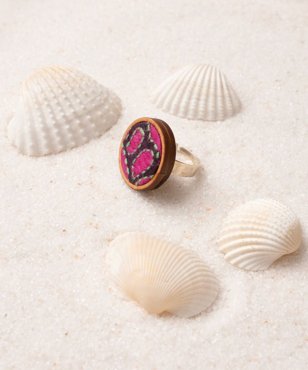 Multicolor kantha repurposed silk fabric and wood ring