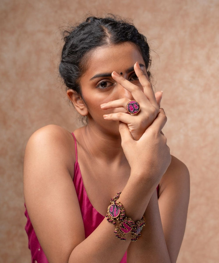Multicolor kantha repurposed silk fabric and wood ring