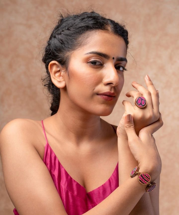 Multicolor kantha repurposed silk fabric and wood ring