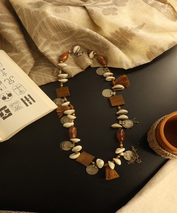 Handmade tribal shell wood and repurposed coin handcrafted necklace
