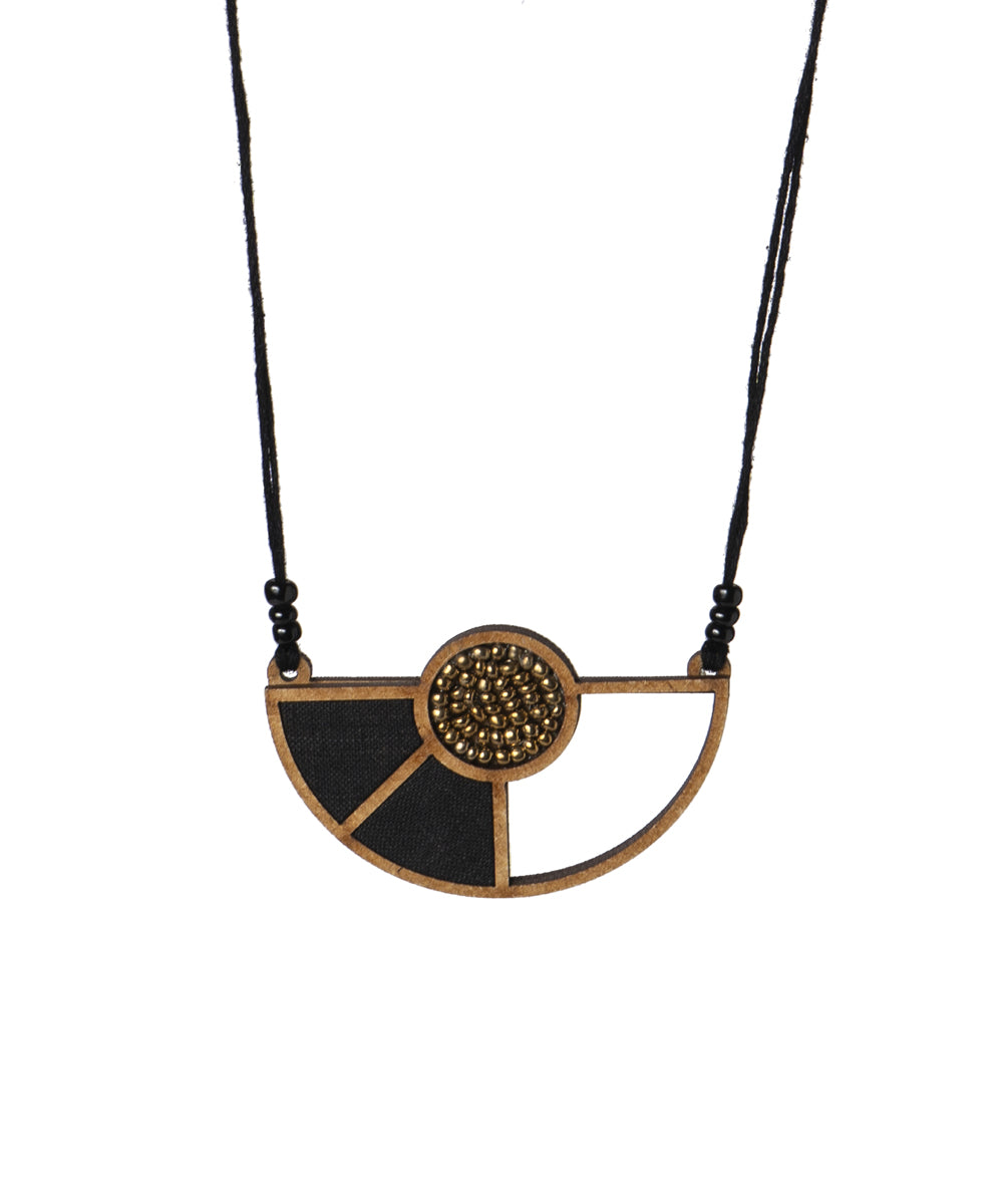 Black geometric repurposed fabric and wood adjustable pendant necklace
