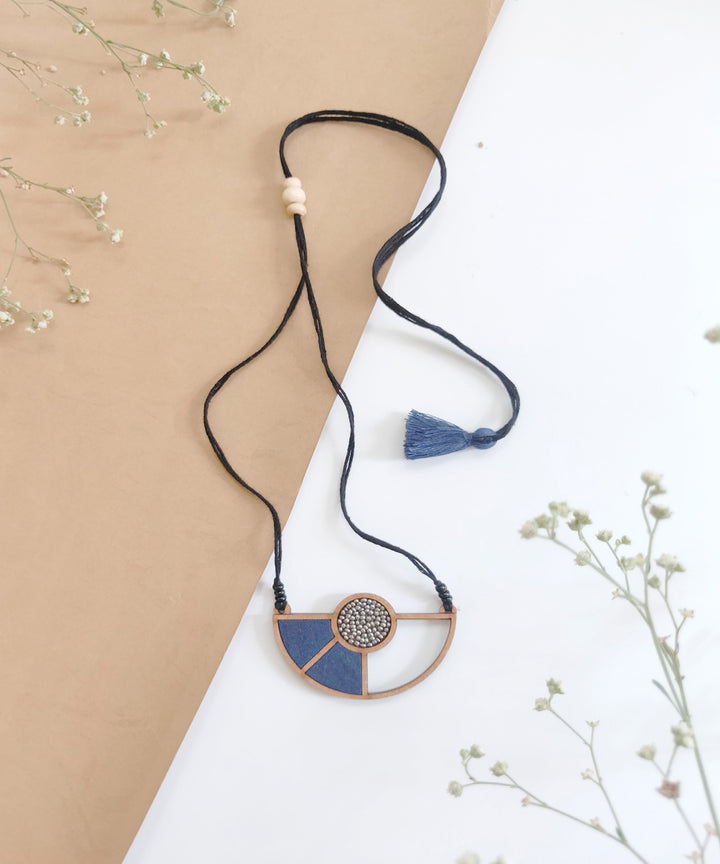 Blue geometric repurposed fabric and wood adjustable pendant necklace