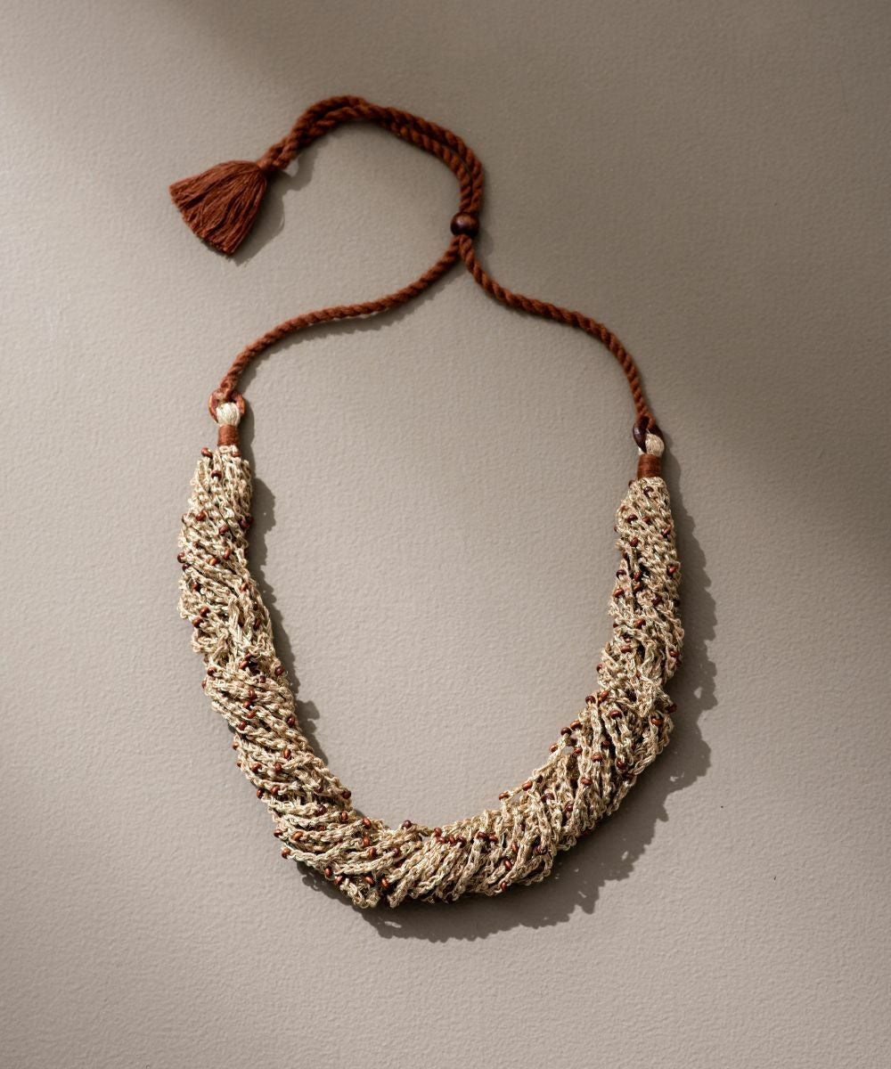 Multicolor crocheted jute and wooden bead adjustable necklace