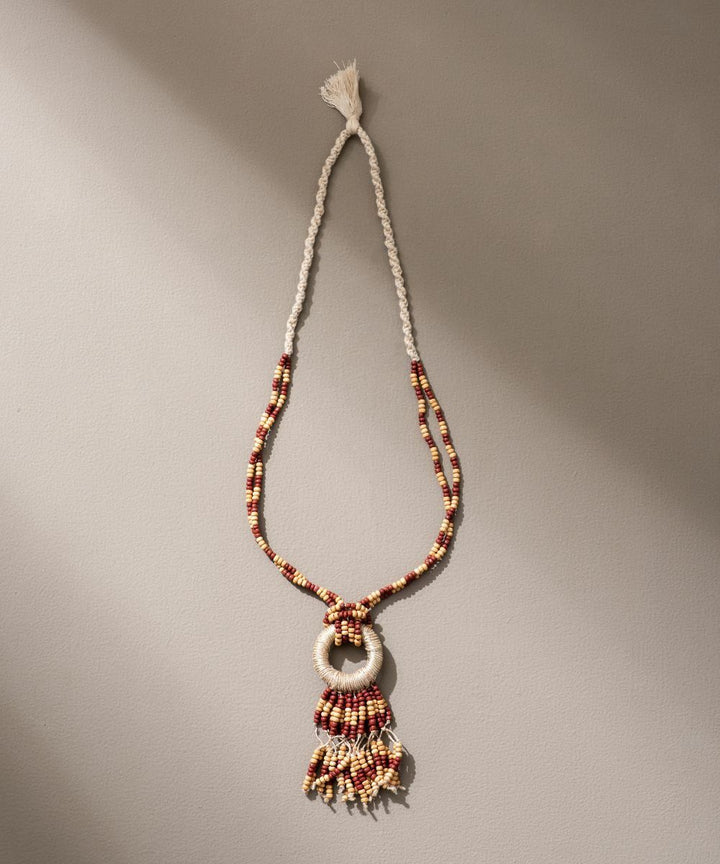 Multicolor adjustable jute wooden beads fringe pendant necklace