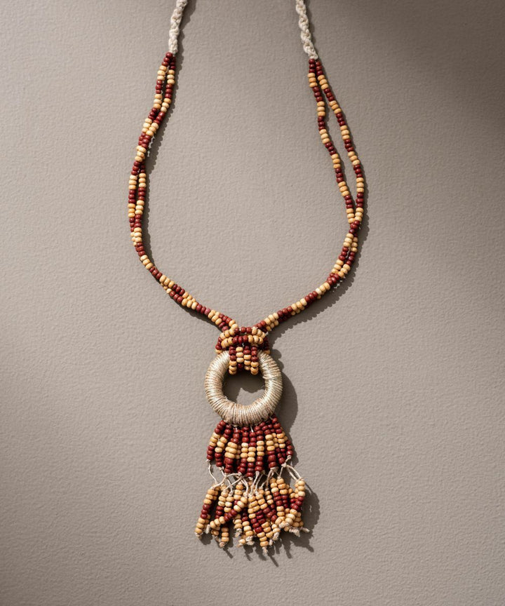 Multicolor adjustable jute wooden beads fringe pendant necklace