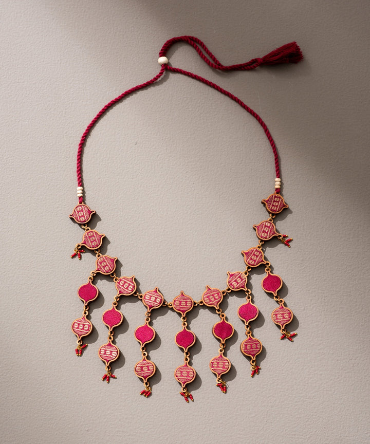 Red gold handmade necklace with upcycled fabric repurposed wood