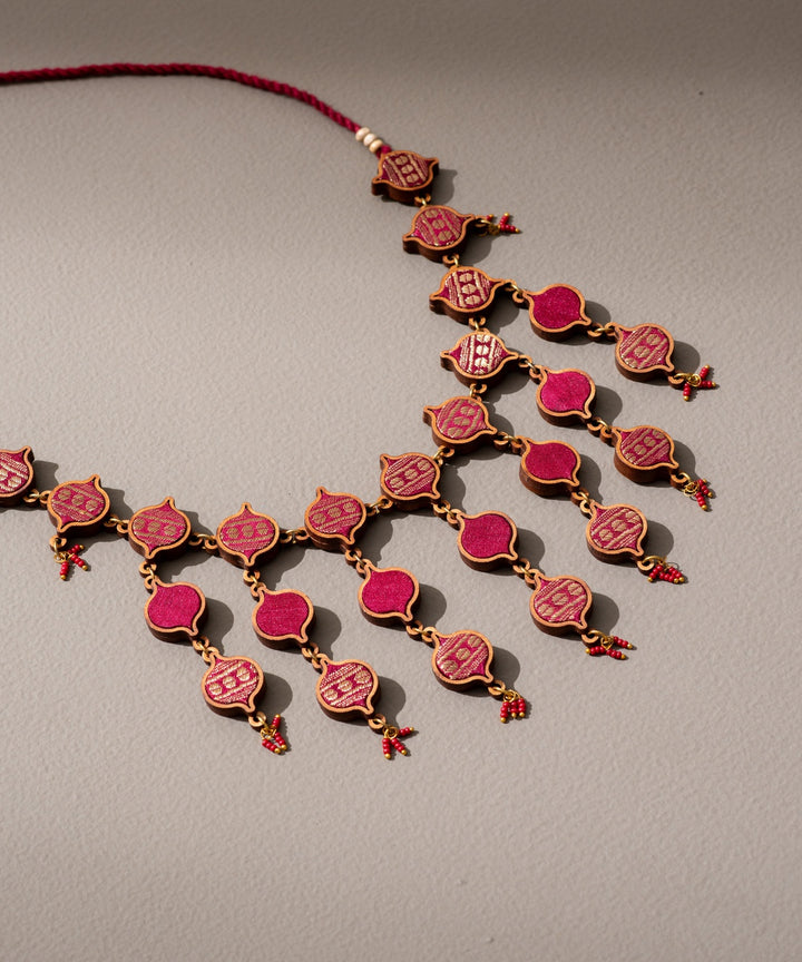 Red gold handmade necklace with upcycled fabric repurposed wood