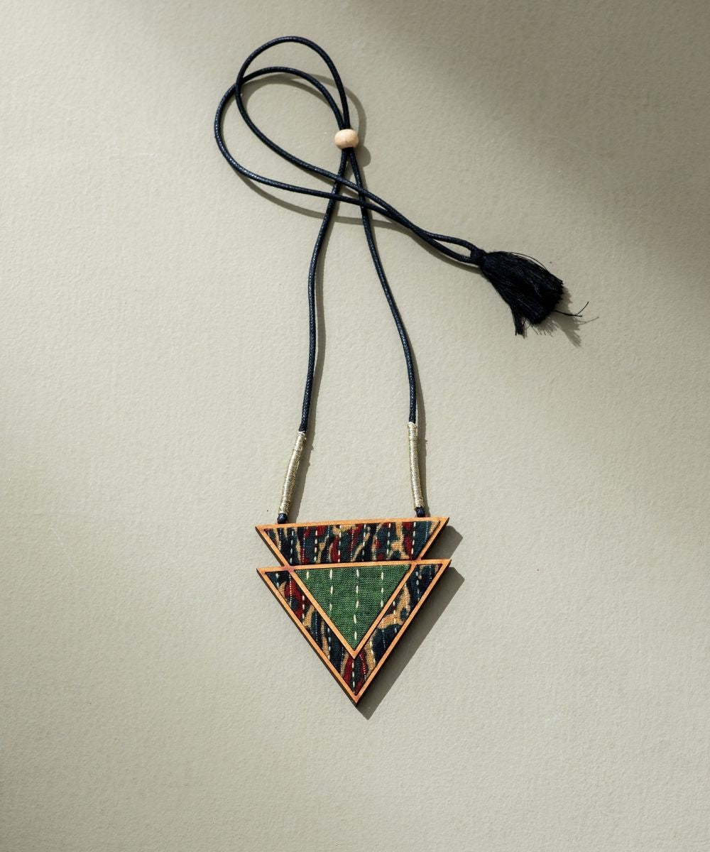Green upcycled fabric repurposed wood triangular necklace