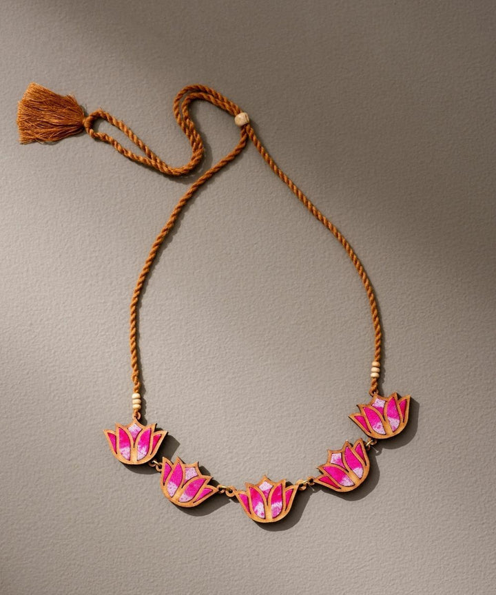 Shades of pink bloom lotus upcycled fabric repurposed wood necklace