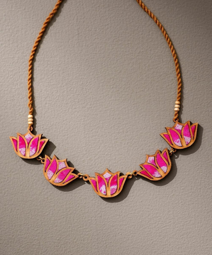 Shades of pink bloom lotus upcycled fabric repurposed wood necklace