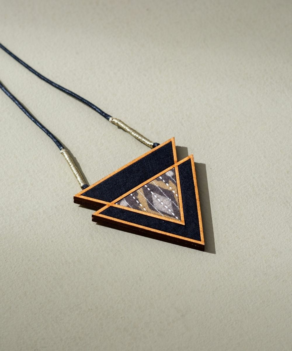 Brown upcycled fabric repurposed wood triangular necklace