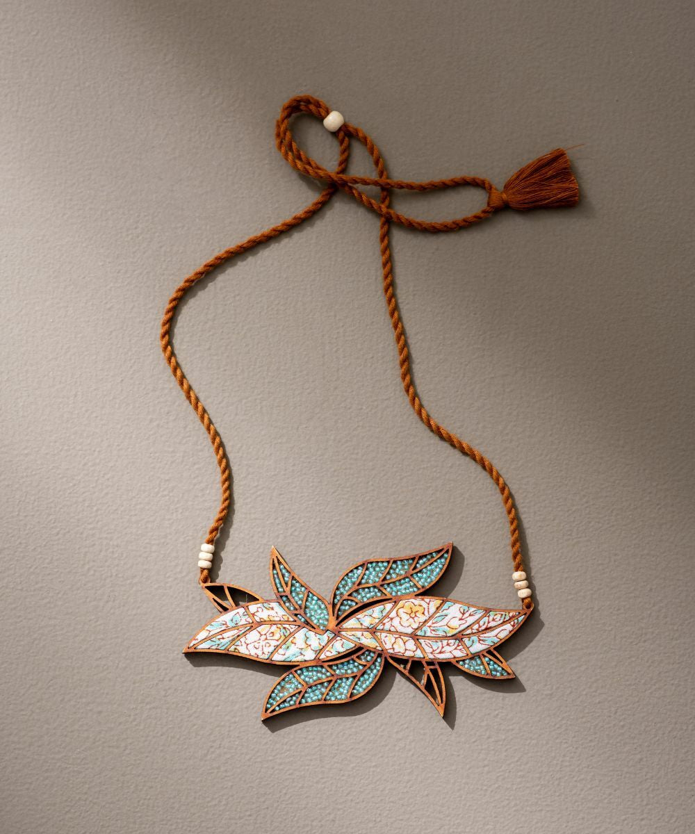 Turquoise white handmade bloom leaf motif repurposed wood necklace