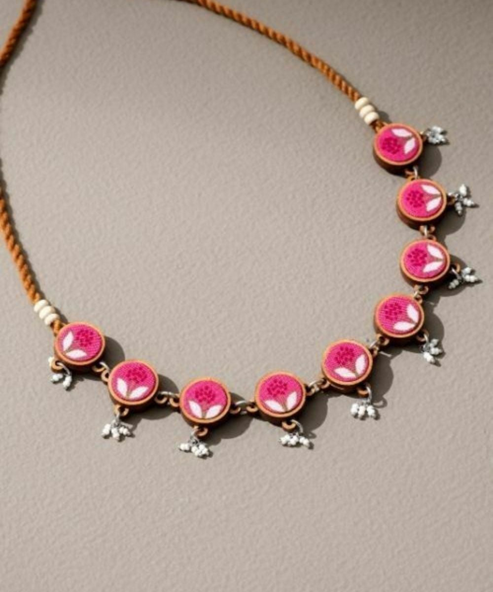 Pink handmade upcycled fabric repurposed wood flower choker