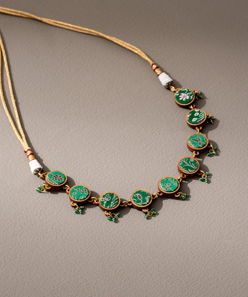 Green banarasi brocade fabric repurposed wood choker necklace