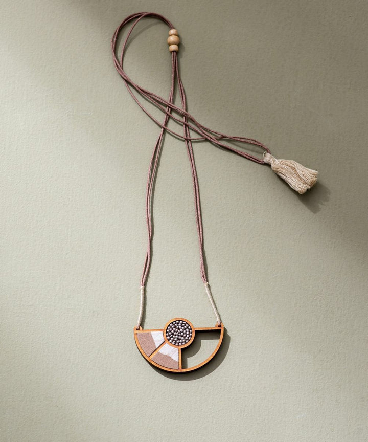 Beige geometrical repurposed fabric wood adjustable pendant necklace