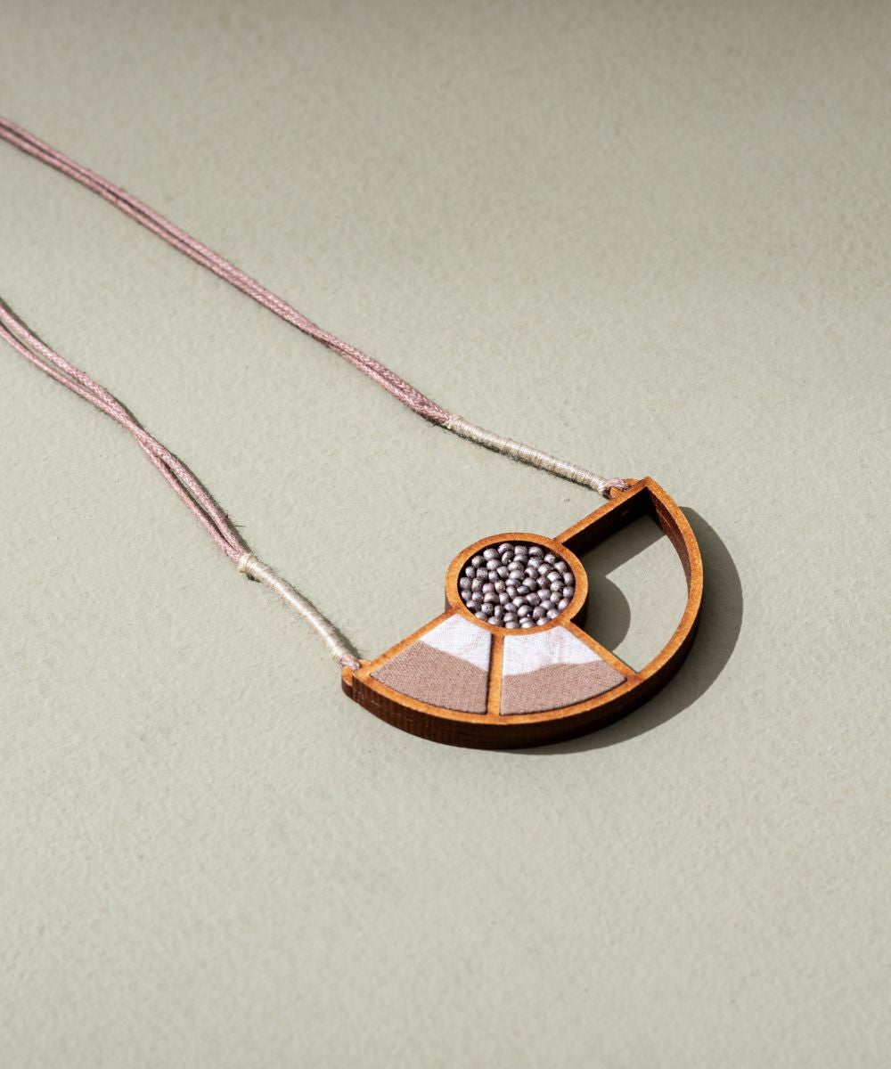Beige geometrical repurposed fabric wood adjustable pendant necklace
